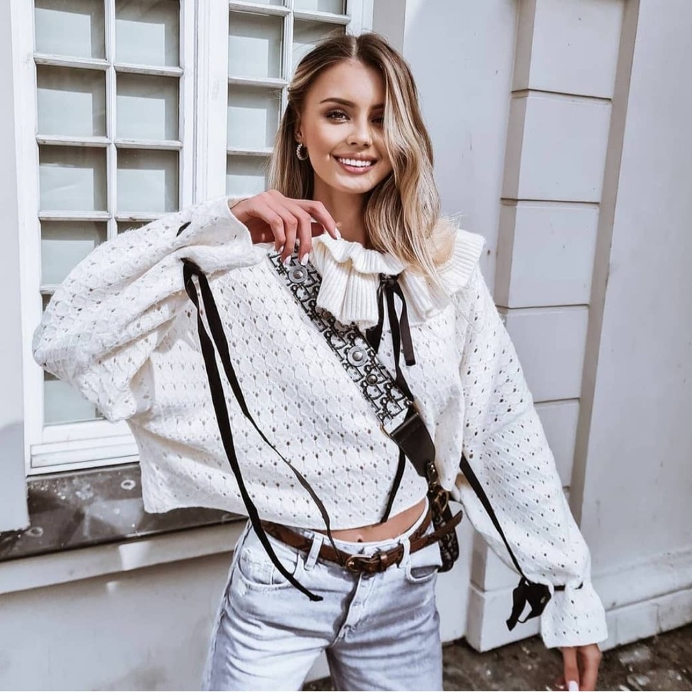 NWT ZARA Bloggers Fav Cream Alpaca Blend Ruffle Collar Bishop Sleeve Sweater M - Picture 4 of 11